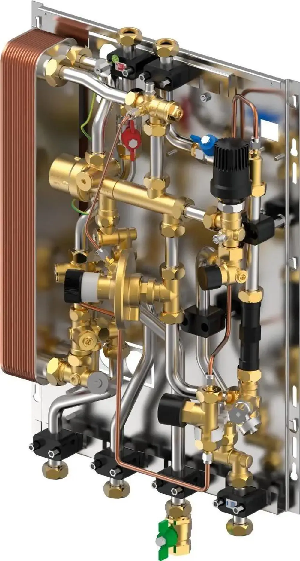 Uponor Kombistation mit mehreren Metallelementen, Rohren und Ventilen zur Regelung von Flüssigkeiten in Heiz- oder Kühlsystemen.